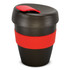 A drink bottle with a black body and a red silicone band, featuring a lid with a spout. It has a branding logo.