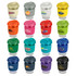 A collection of colourful drink bottles in various shades, featuring different lids and logos, made from borosilicate glass.