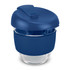 A drink bottle made of clear borosilicate glass with a navy blue silicone sleeve and lid. Features a logo.