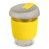 A drink bottle featuring a grey lid and a bright yellow silicone sleeve, showcasing a transparent glass body.