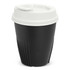 A drink bottle resembling a coffee cup, featuring a black body and a white lid, with a logo present.