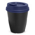 A drink bottle with a black body and navy blue lid, featuring a textured grip and a logo.