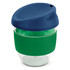 A drink bottle featuring a clear body with a dark blue lid and a green silicone sleeve. It has a logo on the body.