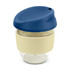 A drink bottle with a transparent body, beige silicone band, and a blue lid. It features a logo on the side.