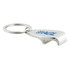 A shiny silver keychain bottle opener with a circular ring and a logo on one side.