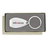 A silver keychain in a grey box, featuring a smooth, metallic surface and a circular ring.