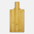 A bamboo paddle board in a natural wood finish with a handle, featuring a logo. Ideal for chopping and serving.