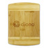 A bamboo cutting board featuring a smooth surface with a light brown hue and a logo.