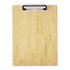 A bamboo clipboard with a metal clip, featuring a natural wood grain finish. It has a simple design and a logo.