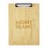 A bamboo clipboard featuring a silver clip and a logo on its surface, showcasing natural wood tones.