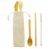 A bamboo cutlery set including a knife, fork, spoon, straw, and a cleaning brush, all stored in a beige pouch.