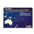 A counter mat featuring a map of the Pacific region with blue and white colours, and a logo in one corner.