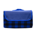 A picnic blanket in blue and black check pattern, featuring a blue flap and a carrying handle.