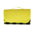 A yellow picnic blanket with a black and yellow checkered pattern, featuring a carrying handle on top.