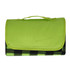 A green picnic blanket with a black and green checkered pattern, featuring a fold-over flap and carrying handle.