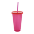 A drink bottle in vibrant pink with a matching lid and straw, featuring a logo.