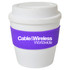 A drink cup featuring a white body and a purple silicone sleeve, with a logo on the front.