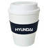A large white cup with a black silicone band, featuring a logo. Ideal for drinks on the go.