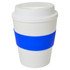 A drink bottle with a white body and a blue silicone band. It features a lid and an attached logo.