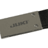A black leather keychain featuring a metallic silver clasp and branding, with a sleek, minimalist design.