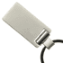 A silver keychain with a rectangular design and a circular keyring attachment. It features a logo.