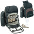 A black and grey picnic backpack with cutlery, plates, glasses, and napkins neatly arranged inside. It features a logo.