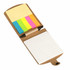 A notepad with lined pages, sticky notes in pink, yellow, and blue, and a pen, all in a brown cover.
