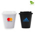 A drink bottle in white with a logo, and a black cup with a logo, both designed for convenience.