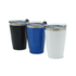 A drink tumbler set in black, blue, and white, featuring stainless steel accents and a lid.