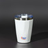 A drink bottle in white with a stainless steel bottom and a clear lid, featuring a logo on the exterior.