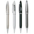 Four metal pens in various colours: silver, grey, black, and a textured silver with branding.