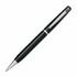 A black pen with a silver clip and trim, featuring a sleek, modern design and a logo on the barrel.
