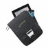 A black bag with a flap, containing a tablet and a smartphone. The bag features a clip and has a logo.