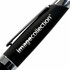 A metal pen with a black grip and silver accents, featuring a branding logo on the barrel.