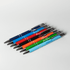 A collection of metal pens in blue, red, orange, green, and black, featuring various logos.
