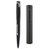 A black metal pen with a sleek design, featuring a pen holder. The pen has a logo on its side.
