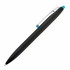 A black pen with a silver clip and a turquoise accent on the top. It features a sleek design and a branding logo.