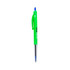A green plastic pen with a blue ink tip and a clip. The pen features a logo.