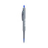 A plastic pen in grey with a blue writing tip and a logo on the barrel.