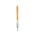 An orange pen with a translucent blue grip and a clip, featuring a branding logo.