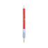 A red pen with a grip and a clear barrel, featuring a logo on its side.