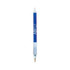 A blue plastic pen with a white grip and a brand logo on the barrel.