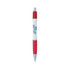 A custom pen in white with red accents, featuring a branding logo.