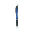 A blue and black pen with a shiny silver clip and grip, featuring a logo on its barrel.