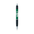 A green and black pen with a logo, designed for writing. Features a retractable mechanism and a textured grip.