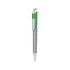 A metal pen with a silver body and green accents, featuring a clip and a branding logo.