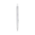 A mechanical pencil with a clear barrel and grey lead, featuring a push button and a clip for convenience.