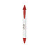 A white pen with a red grip and tip, featuring a logo and sleek design.