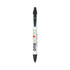 A white pen with black accents, featuring a branding logo along the barrel.