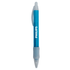 A blue plastic pen with a transparent body and a grey grip, featuring a logo.